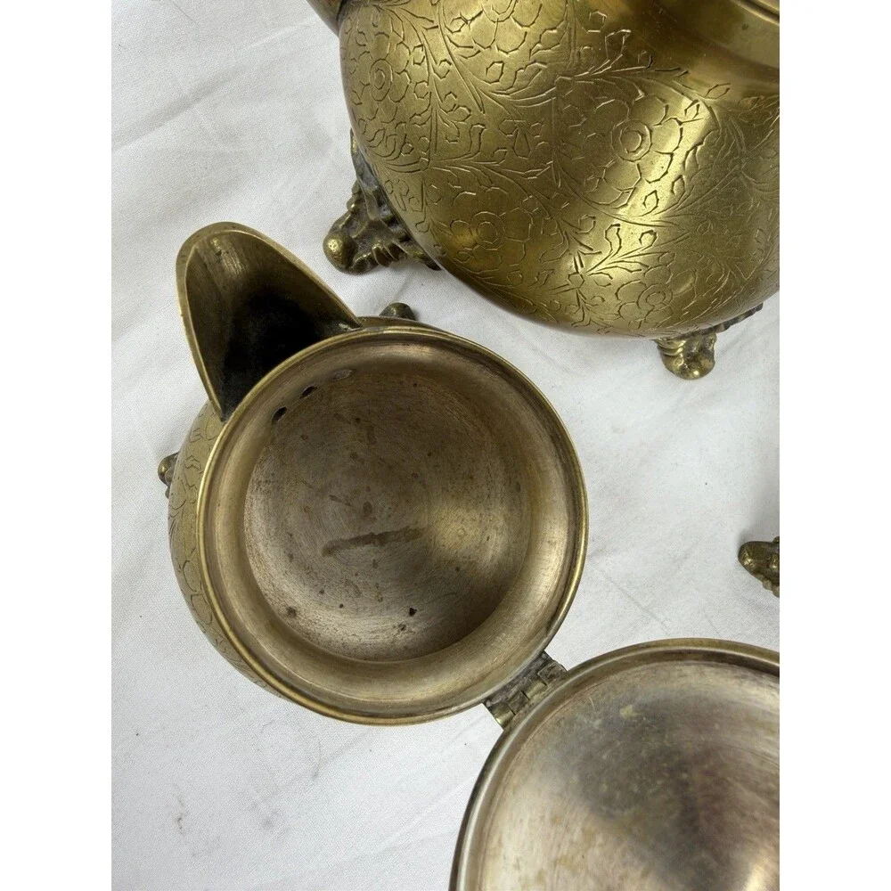 Vintage Brass Tea Set Teapot Creamer Sugar Bowl Detailed Floral Etching